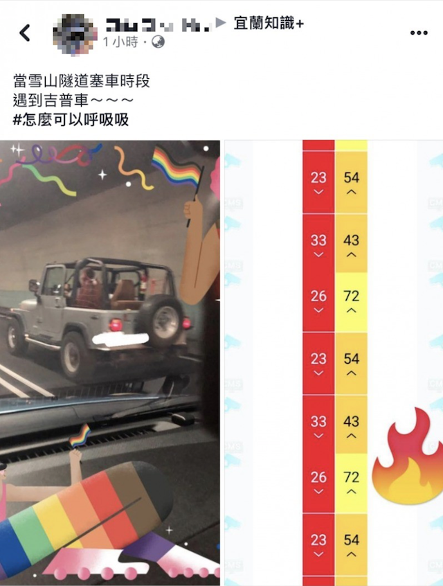 民眾開敞篷吉普車通過塞車中的雪隧，遭網友笑稱，要怎麼呼吸？（翻攝自宜蘭知識 +）