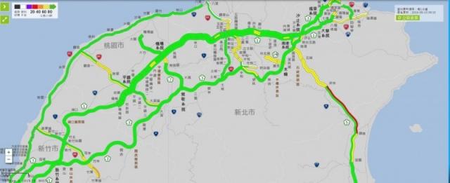 今天為中秋連假最後一天，國五北上路段在今上午 8 點多就湧現車潮，據高公局預估，今日將有 9 大路段可能塞爆。（圖擷自交通部「高速公路 1968」網站）