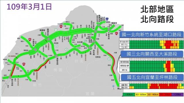 今天國道北部路段車流量預估。（高公局提供）