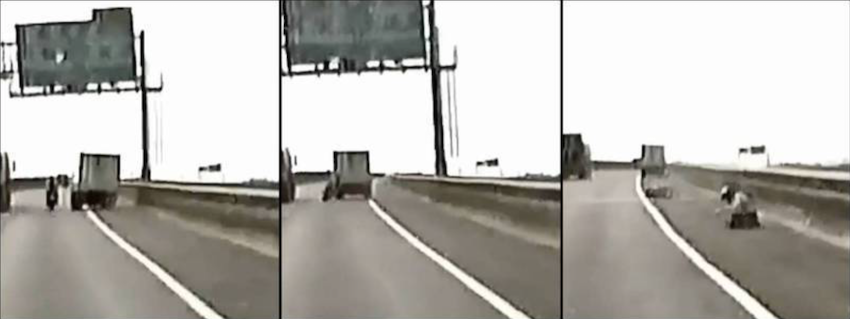 有名重機騎士 26 日騎車行經台 88 線快速道路時,遭水產行小貨車從路肩飆速超車撞上,還留言稱「是重機不讓路,不是我們逼他車」,引發網友眾怒。(圖擷自臉書,本報合成)