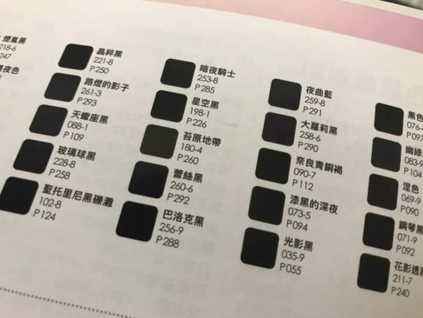 改車是許多車主的興趣，將愛車改造成自己喜歡的樣子也可以展現出個人特色。不過，有網友在臉書貼出一張烤漆的目錄表，表格中光是黑色就有超過 20 種的分支，不僅讓他整個人頭昏眼花，也笑翻許多網友。（圖片擷取自臉書）