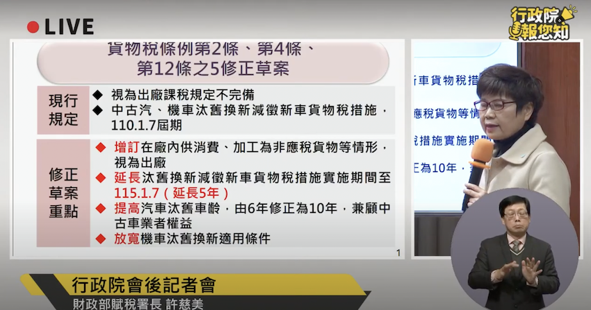 今年 1 月 7 日時，財政部針對『貨物稅條例』第 2 條、第 4 條、第 12 條之 5 修正草案進行討論。（影片來源：擷取自 YT）