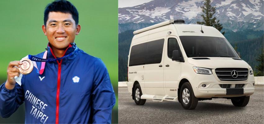 潘政琮（左）在美國打 PGA Tour，都是靠這輛 Pleasureway 的 Ascent TS 露營車（右）。（合成照片）