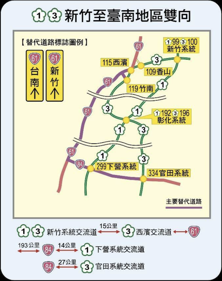 國 1 國 3 新竹-台南地區雙向替代道路圖。（圖由高公局提供）