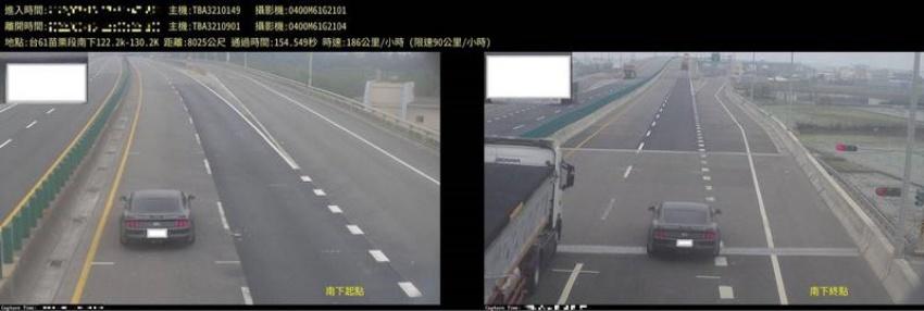 西濱苗栗段區間測速恢復滿月，抓1497件違規，最嚴重超速96公里。圖為嚴重超速車輛。（警方提供）