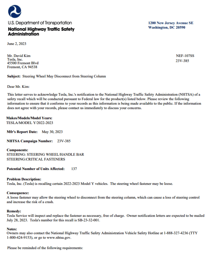 NHTSA 公文，將有 137 輛 Model Y 召回。