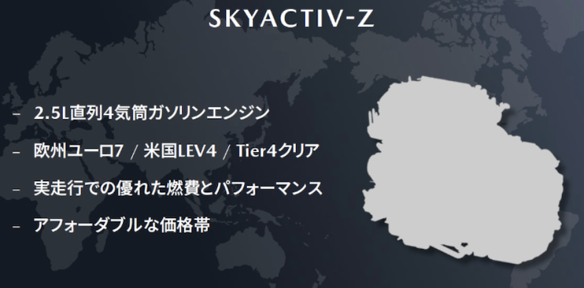 Mazda 將採最新 SKYACTIV-Z 引擎，為 2.5 升直列四缸，符合歐盟歐 7、美國 LEV4 與 Tier 4 等嚴格的排放法規