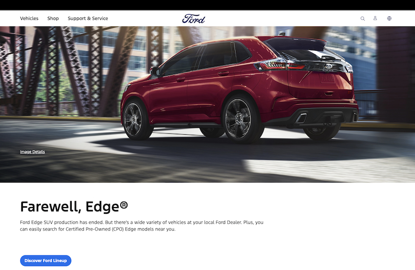 Ford 在官網上，針對 Edge 做了告別網頁。