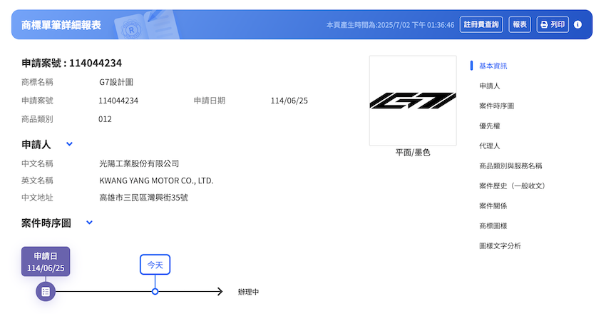 光陽工業股份有限公司於 6 月 25 日申請 G7 商標。（圖片來源：經濟部）