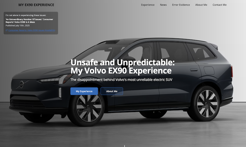 加拿大的 Volvo EX90 車主 Vicken Kanadjian，將他 EX90 各種故障問題放在網站上。（圖片來源：myvolvoex90）