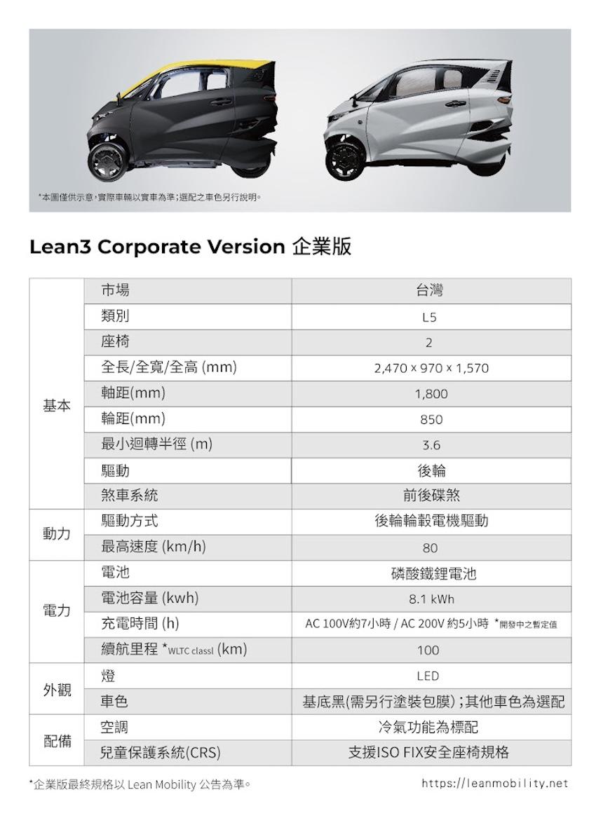 Lean3 企業版車型資訊