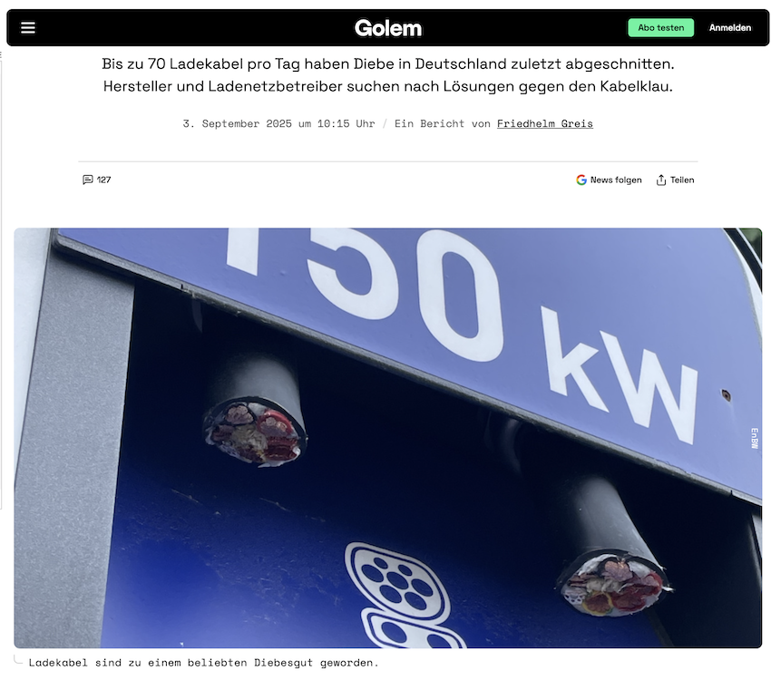 外媒《golem.de》報導，德國的電動車充電樁其電纜被盜，在高峰時期，每天有 70 條充電樁的電纜被剪斷。