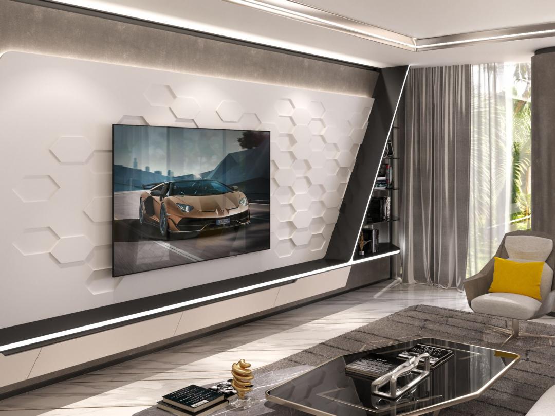 電視牆也採用Lamborghini六角形盾牌經典標誌，建立起與品牌的高度連結。