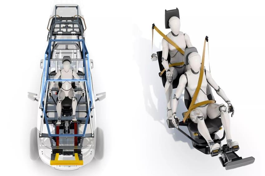 內部採雙座配置，駕駛透過把手及腳踏板控制車輛。