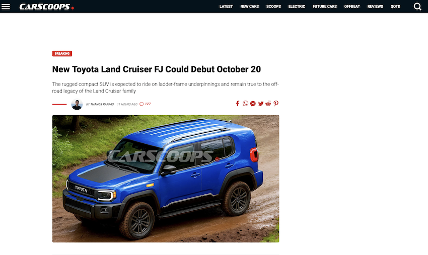 外媒描繪的 Land Cruiser FJ 預想圖。(圖片來源:擷取自 Carsoops 網頁)