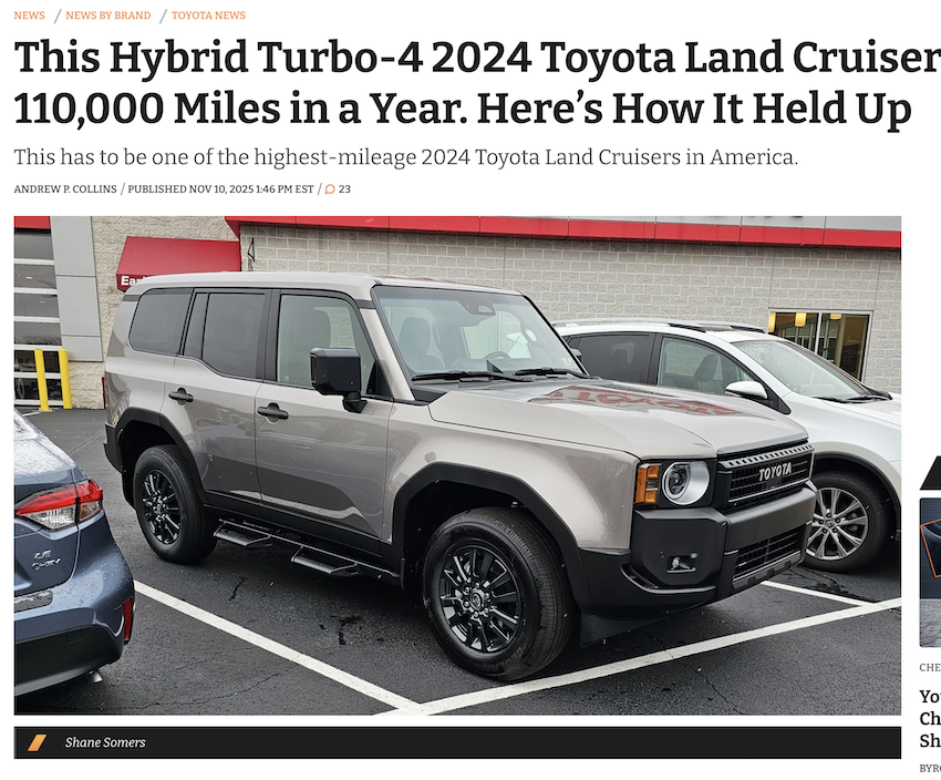 一位 2024 年 Land Cruiser 車主，車輛行駛里程已超過 10 萬英里。