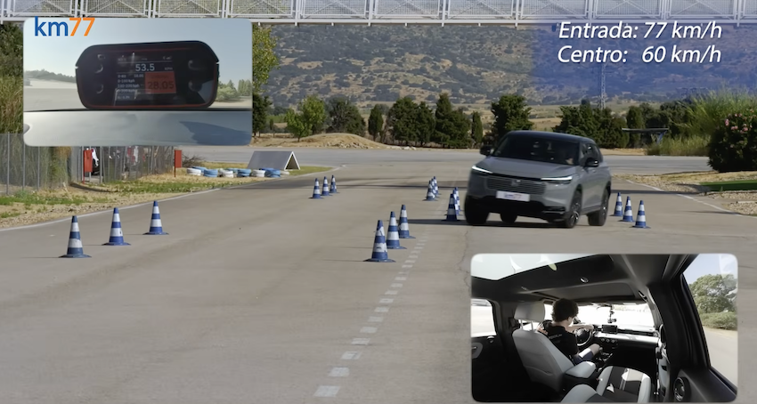 另一次則在時速 77 公里的情況下，順利快速閃避並回到原車道，並未撞到任何一根三角錐。