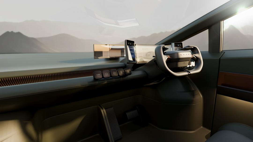 LS概念車的內裝充滿科技感，尤其是方向盤兩側環繞的螢幕。（此為右駕版）
