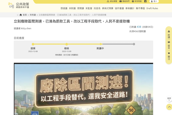 區間測速引民怨！民眾提案廢除改善 連署一天破 500 人附議