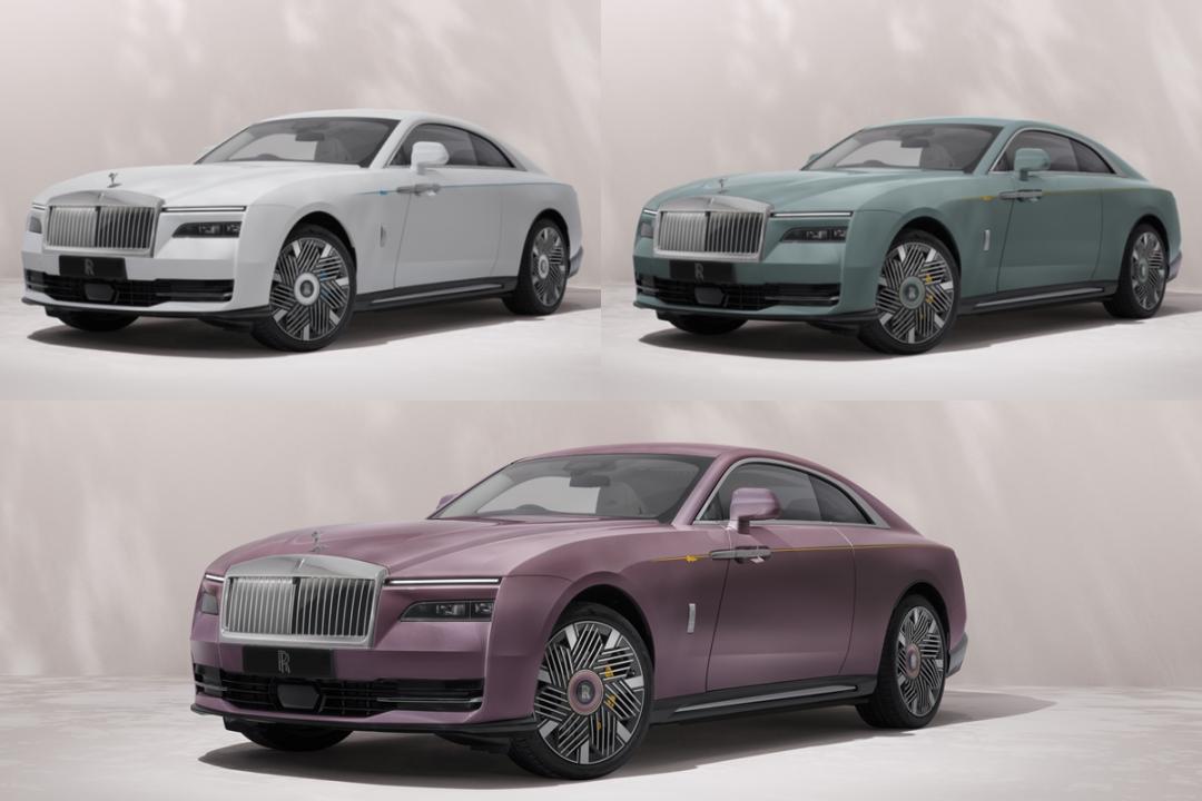 勞斯萊斯推出Spectre Inspired by Primavera訂製系列，透過不同車身塗裝及手繪腰線色彩搭配，象徵豐富多變的春天意境。左起為須臾版、遐思版，下圖為盛放版。