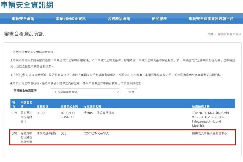 Foxtron Cavira 現身車安網，意味著距離上市已經不遠。