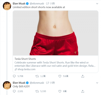 嘲諷特斯拉看衰者  馬斯克推「放空短褲」（Short Shorts）
