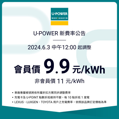 U-POWER 電動車充電站宣布漲價10％ 每度電9.9元起
