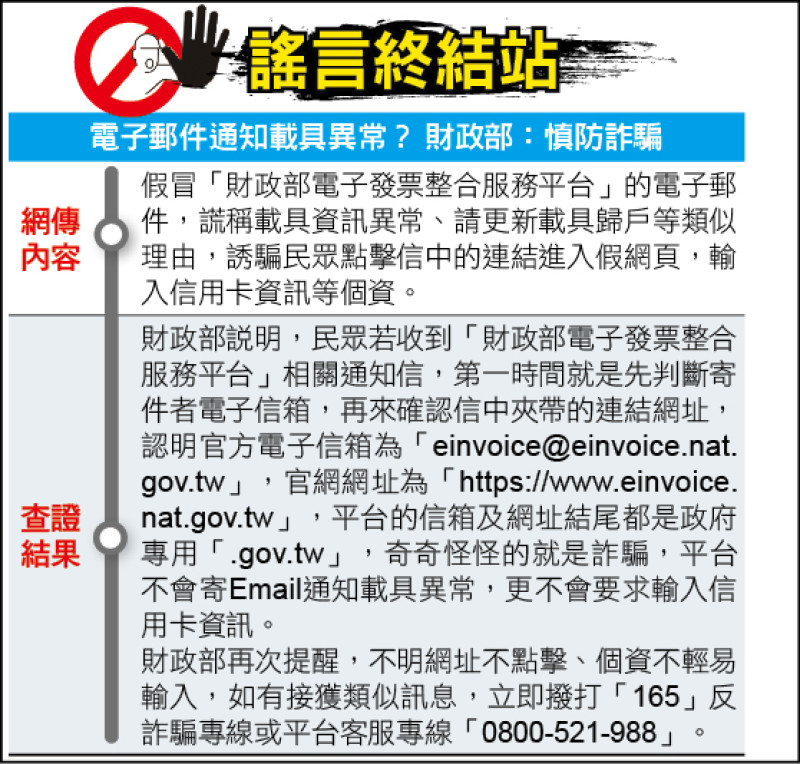 謠言終結站》電子郵件通知載具異常？ 財政部：慎防詐騙