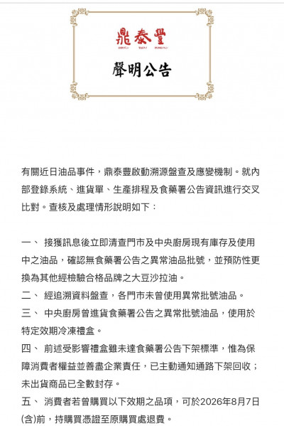 用到中聯油脂問題油 鼎泰豐7款禮盒急回收、退費