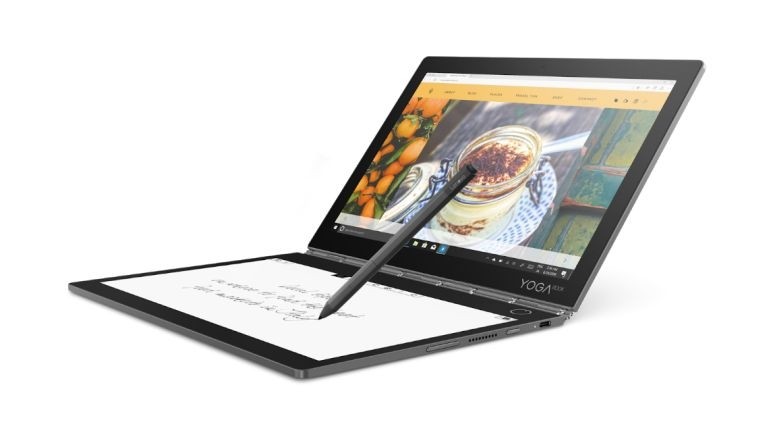 Yoga Book C930，螢幕10.8吋，重量僅775公克，厚度為0.4公分，多功能E Ink螢幕，可變身可自訂的動態虛擬鍵盤，支援多語言AI輸入、做筆記或畫草圖的數位紙。（Lenovo提供）