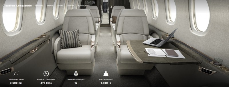 圖為Cessna Citation Longitude飛機內裝。（圖片截取自Textron Cessna網站）