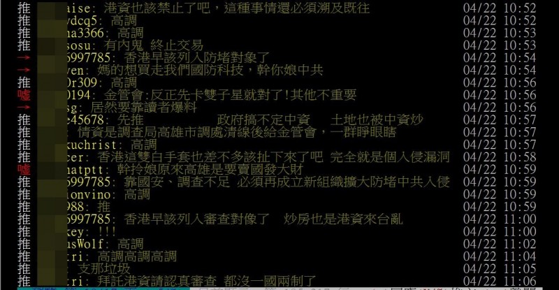 網友表示，對於中資台灣應該好好警惕，而除了中資以外，台灣對於港資也應該要嚴格把關。（圖擷取自PTT）