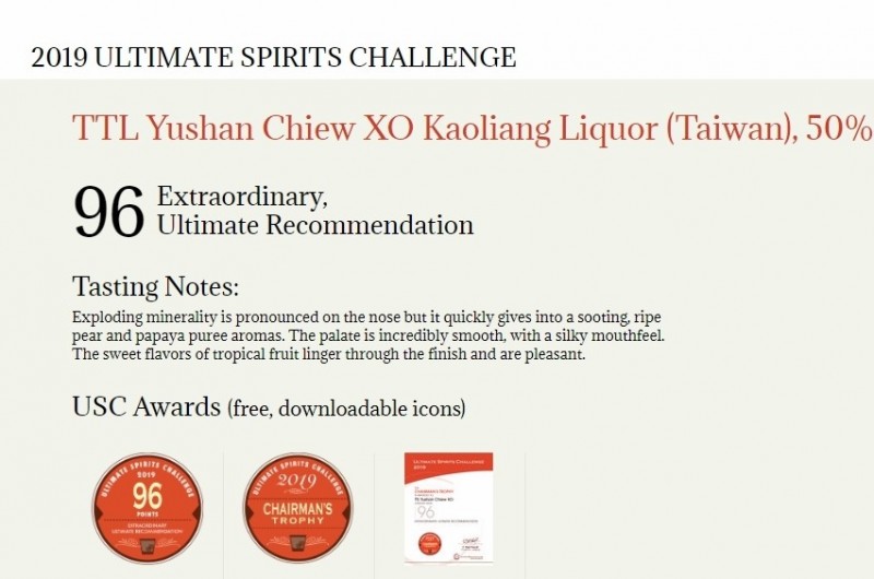 玉山高粱頂級陳高以最高分數，獲得USC終極烈酒挑戰賽的主席大獎。（記者王孟倫／翻攝官網）