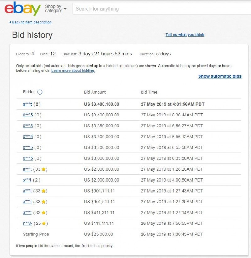 eBbay網站顯示，已經有4位競拍者進行了12次叫價，目前的最高出價為340萬100美元。（圖擷取自eBbay網站）