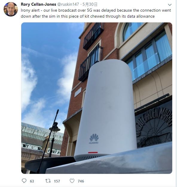 Rory Cellan Jones在其Twitter發文表示，導致BBC 5G直播中斷的原因，是數據流量太大，導致開始直播時就已用盡流量所致。（圖擷取自Rory Cellan-Jones推特）