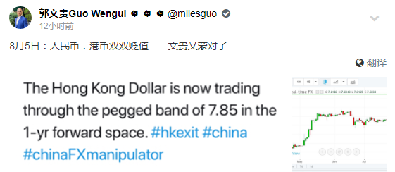 郭文貴引述海曼資本（Hayman Capital）創辦人巴斯（Kyle Bass）關於港幣的推文表示，人民幣和港幣雙雙貶值，笑稱「文貴又矇對了」。（圖擷自郭媒體網站）
