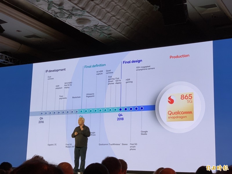 高通今日公布最新5G晶片Snapdragon 865產品細節。（記者卓怡君攝）
