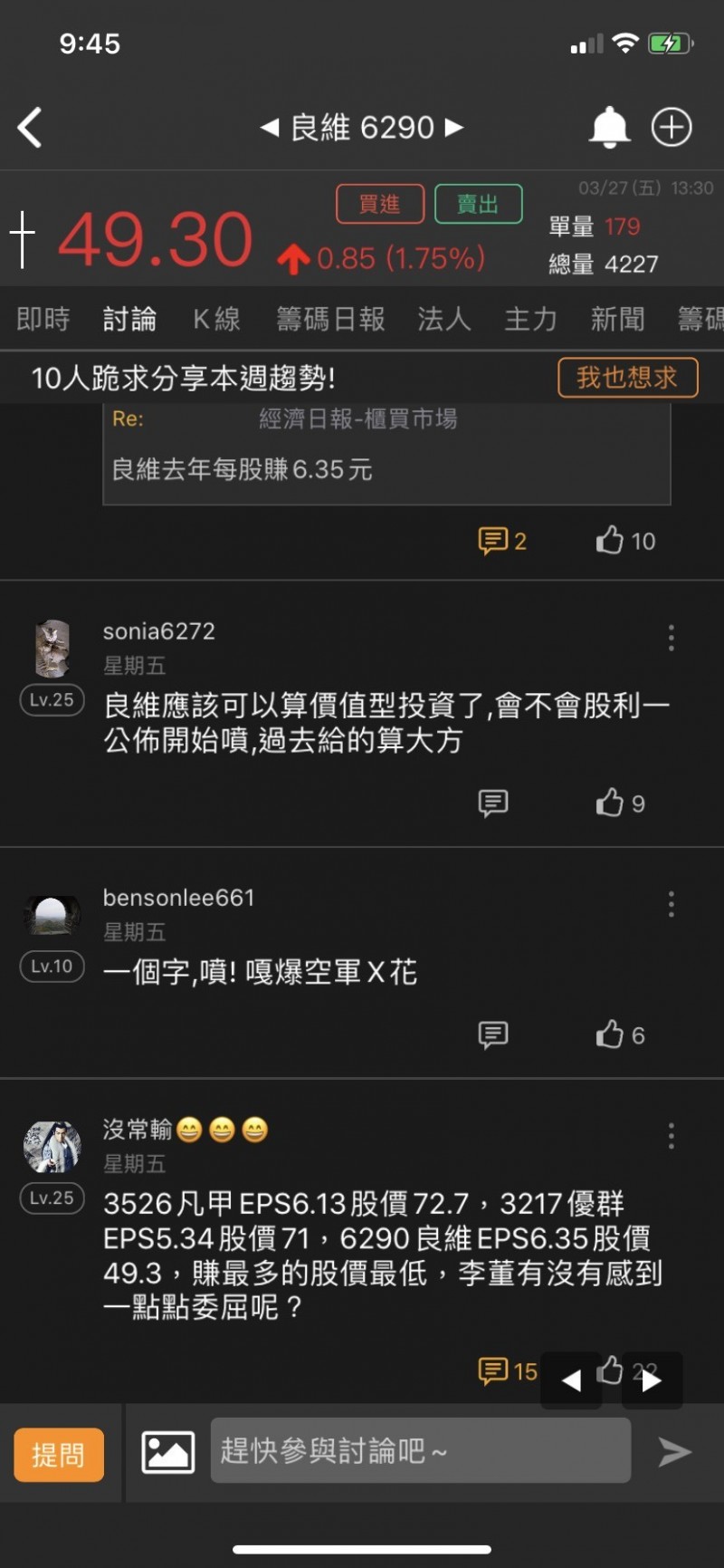 良維去年EPS 6.35元創新高，上周收盤不到50元，股民為股價抱委屈。（截圖自籌碼K線）
