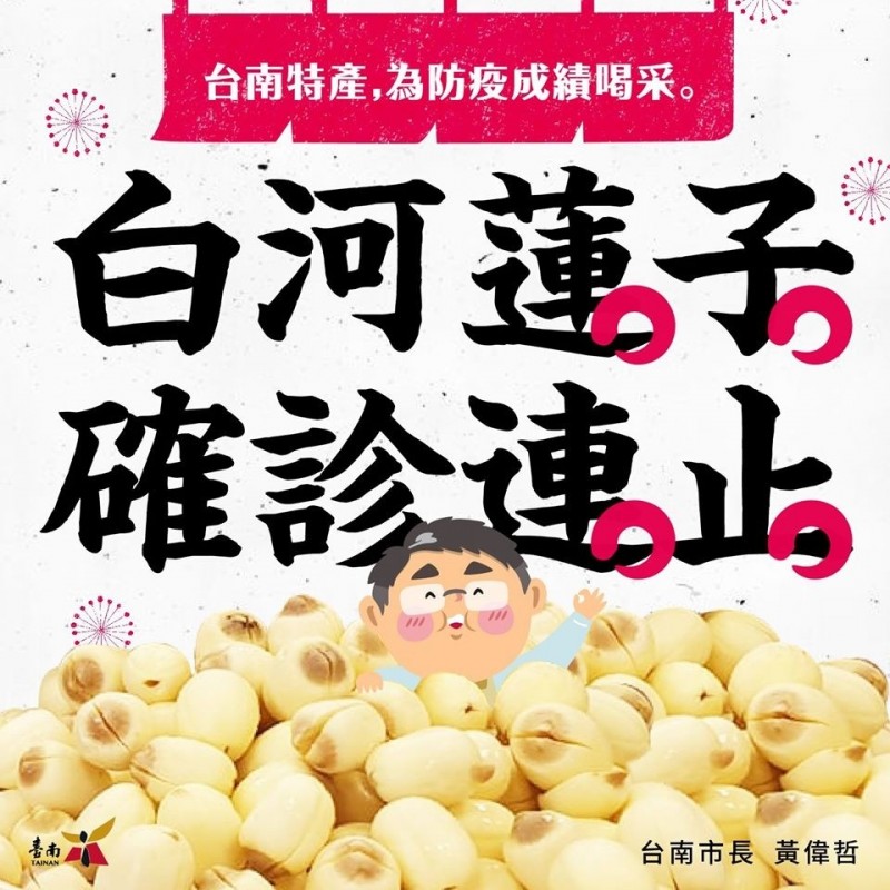 國內本土個案零確診連11天，指揮中心今天記者會擺出白河農產蓮子，市長黃偉哲臉書也PO圖「白河蓮子、確診連止」喝采。（擷自臉書）