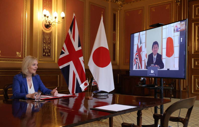 英國和日本今天宣布已達成貿易協定大致協議,也是英國脫離歐盟(EU)後首份達成的重大貿易協議。(歐新社)