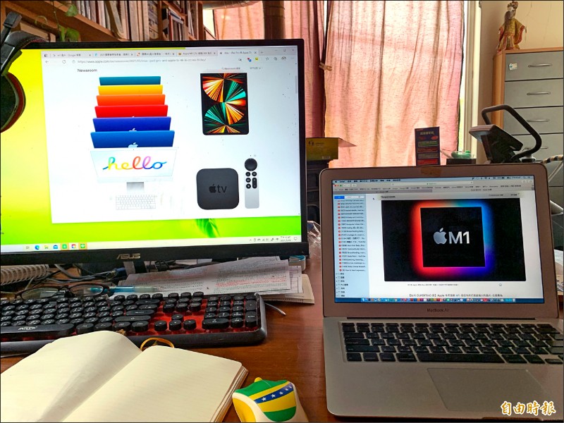 蘋果這次轉換M1晶片，產品售價都比上一代便宜。（記者靳昌玲攝）