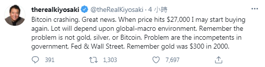 羅伯特清崎表示，近來比特幣價格的崩跌是「好消息」，為投資人提供一個很好的購買機會。（圖截取自Robert Kiyosaki推特）