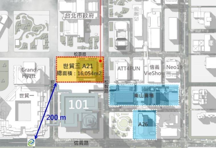 建築地理位置剛好在台北市政府東側與台北101之間。（北市環保局提供）