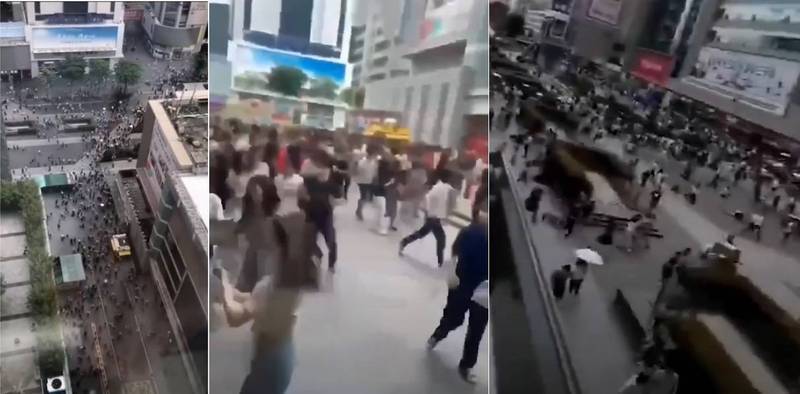賽格大廈5月中旬詭異狂震，根據網路上傳出的影片，民眾驚惶尖叫逃離，景象宛如世界末日。（擷取自微博）