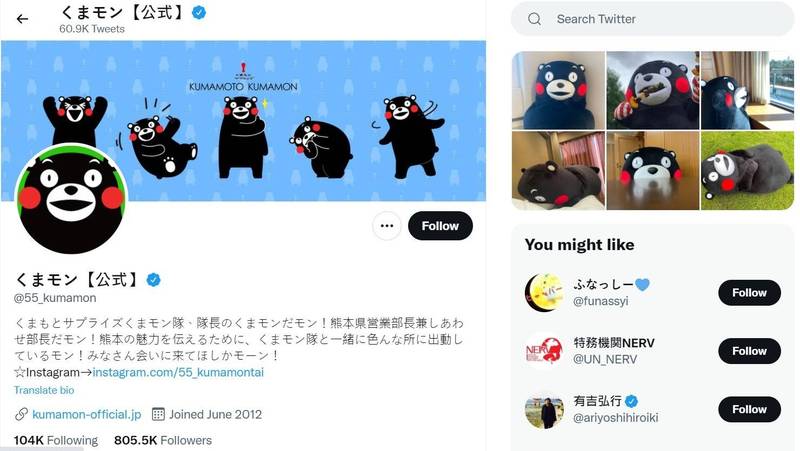 從推特上可以看到，「熊本熊」有80萬多的粉絲。（圖截取自推特）
