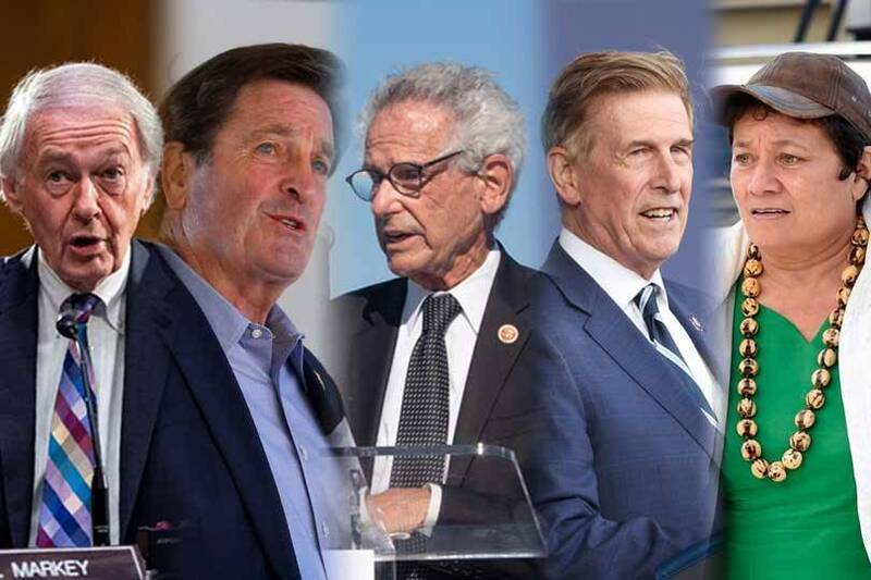 美國5位國會議員訪台,由左至右依序為參議員艾德馬基(Ed Markey)、眾議員加勒曼帝(John Garamendi)、眾議員魯文索(Alan Lowenthal)、眾議員貝耶(Don Beyer)以及眾議員羅德薇(Aumua Amata Coleman Radewagen)。(路透、美聯社、彭博,本報合成)