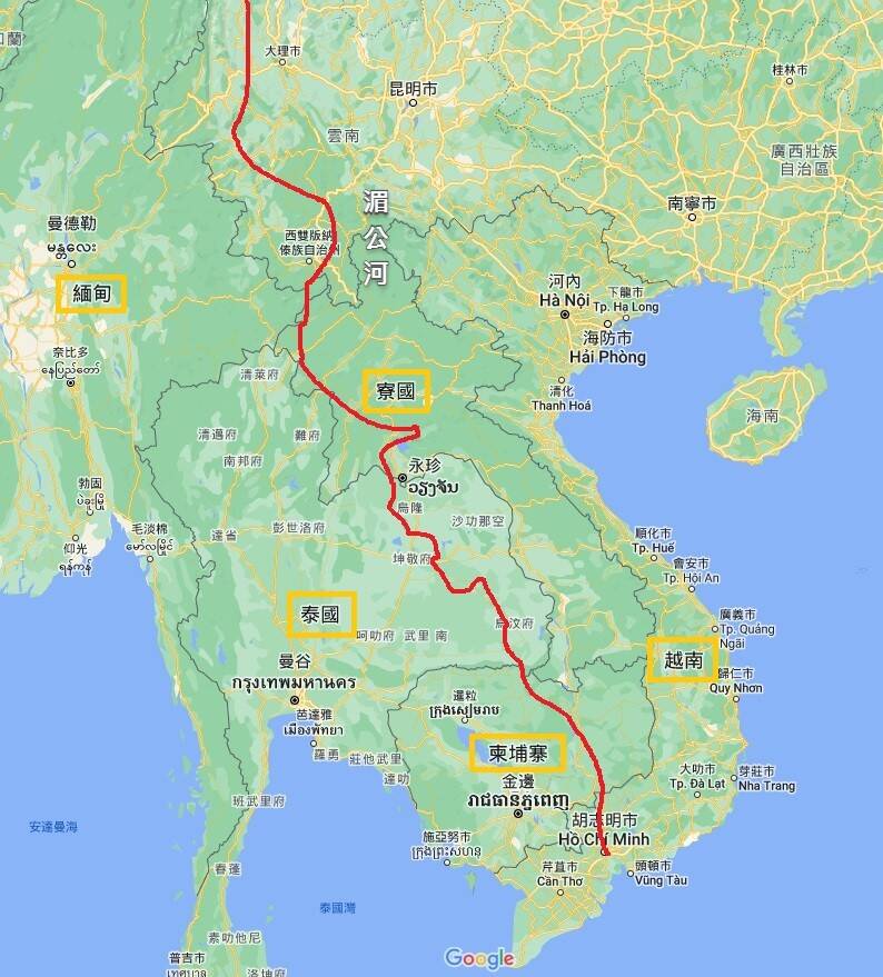 湄公河流域牽動東南亞各國，圖為湄公河流域與國家相對位置大略圖。（擷取自Google Map，本報繪製）
