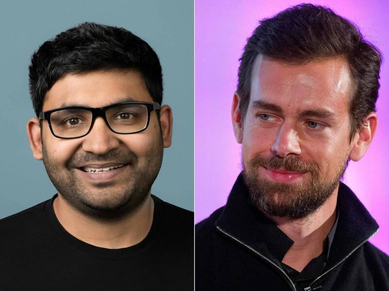推特創辦人杜錫(Jack Dorsey)(右)與前執行長阿格拉瓦爾(Parag Agrawal)(左)。(法新社)