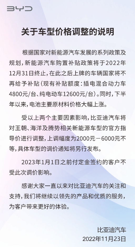 中國電動汽車製造商「比亞迪（BYD）」宣布，將對部份新能源車售價進行調整。（圖截取自比亞迪官方微博）