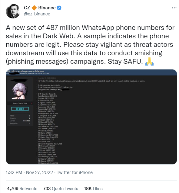 幣安趙長鵬警告 : 4.87億個WhatsApp新號碼在暗網出售